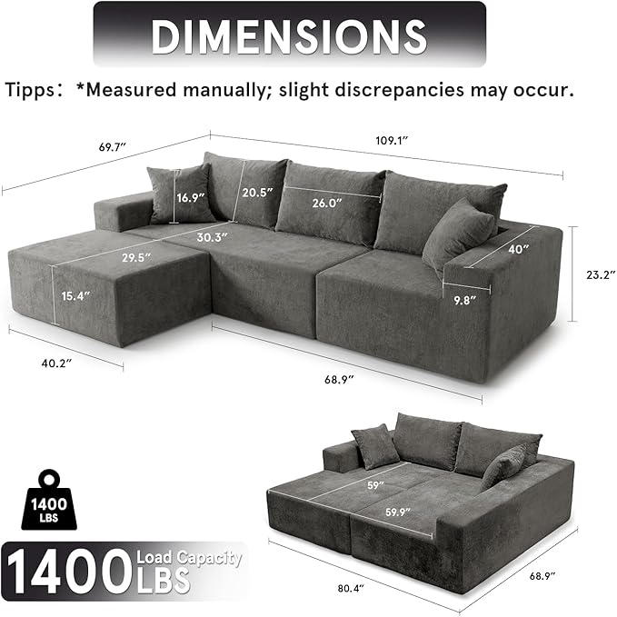 Sytopia 109 L-Shaped Cloud Couch Boneless Modular Sectional Sofa with Deep Seat for Living Room Bedroom Modern Floor Couch Chenille Comfy Sleeper Futon Sofa Bed 40D Foam Furniture Left Facing