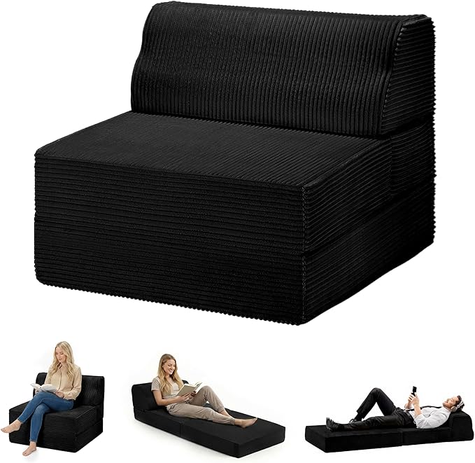 Folding Sofa Bed with Pillow Memory Foam Fold Out Chair Bed Convertible Sleeper Chair with Washable Cover Futon Floor Couch for Living Room/Dorm/Guest Use/Home Office/Apartment Black