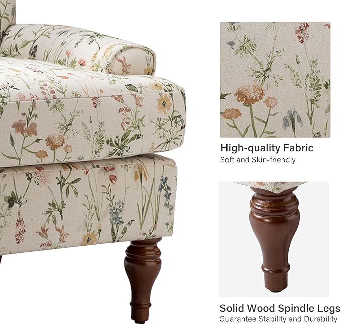 HULALA HOME Floral Spring Accent Chair Set of 2 for Bedroom | Wood Legs Upholstered | Modern Retro Comfy Removable Cushion