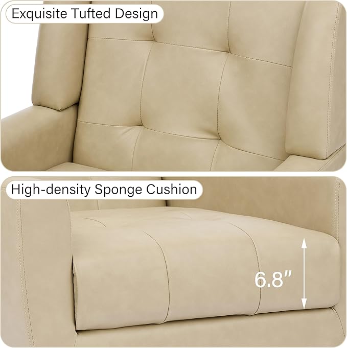 Accent Chair Comfy Mid Century Modern Small Armchairs with Solid Wood Frame and Soft Cushion for Living Room Bedroom (Faux Leather Cream Set of 1)
