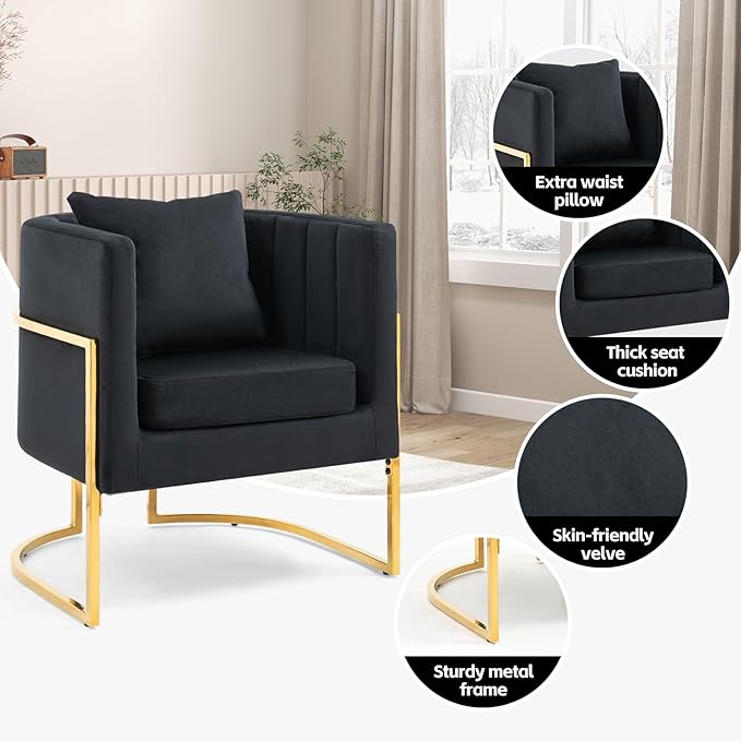 Modern Velvet Barrel Armchair with Lumbar Pillow Mid-Century Upholstered Accent Chair for Living Room Bedroom Single Sofa Club Reception Chair with Golden Metal Legs Black