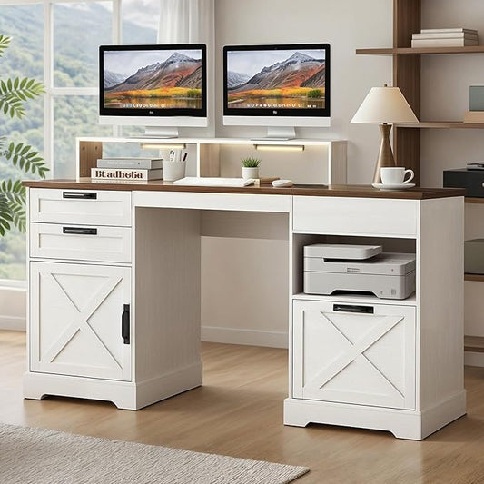 Executive Desk with File Storage Drawer 63 Lift Top Farmhouse Home Office Gaming Desk with Charging Station 3 Drawers Sensor Lights Wood Computer Table with Monitor Stand Antique White
