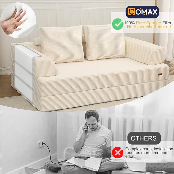 COMAX Convertible Sofa Bed Folding Floor Couch Corduroy Fold Out Couch Bed Futon Sleeper Mattress with Pillows Boneless Sofa Comfy Lounge Loveseat for Living Room Bedroom Beige
