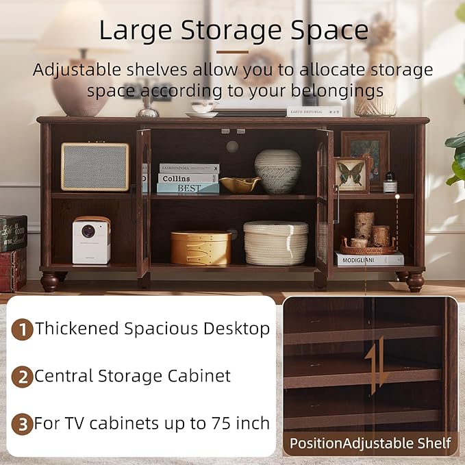 Farmhouse TV Stand for 60 Inch TV Wood Entertainment Center with Glass Door Storage Cabinet &amp Adjustable ShelvesTelevision Stands for 65 TVS TV Console Table for Living RoomBedroomWalnut
