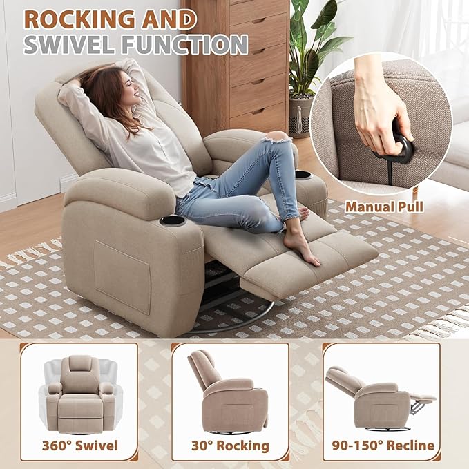 Flamaker Swivel Rocker Recliner Chair with Vibration Massage 360° Swivel Recliner Chairs for Adults Ergonomic Lounge Chair with Cup Holders Lazy Boy Recliner Single Sofa Seat (Fabric Khaki)