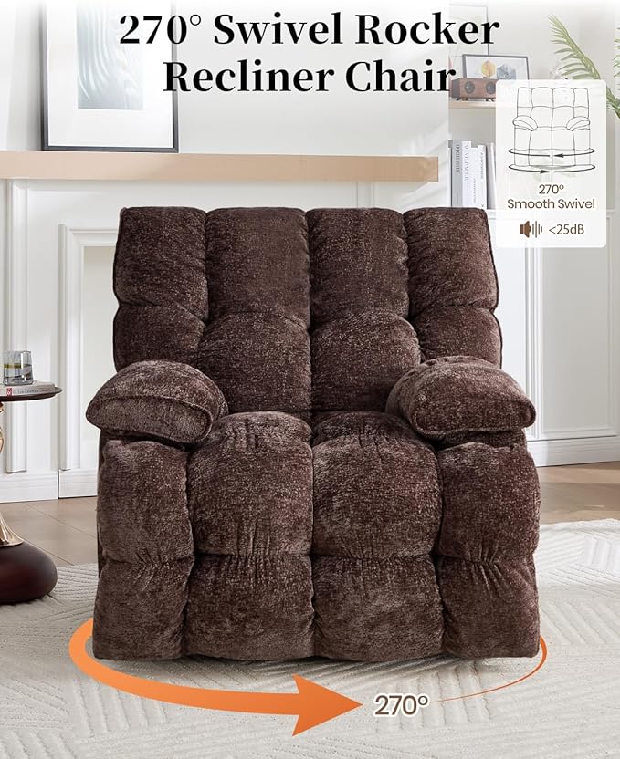 Oversized Power Swivel Rocker Recliner Chair for Big and Tall Electric Chenille Glider with USB Ports Extra Wide Overstuffed Reclining Sofa for Living Room Nursery 375lbs (Brown Power)