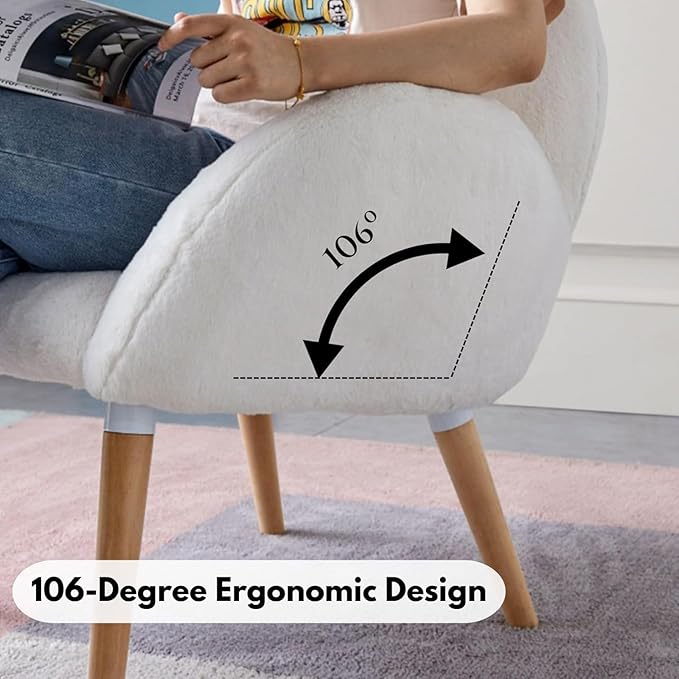 White Small Accent Chair - Solid Beech Wood Frame Lamb Fabric - Comfortable Armchair Single Sofa Chair for Living Room Bedroom Sunroom