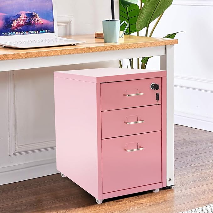3-Tier Vertical File Cabinet Metal Mobile File Cabinet with Lock+Wheels Lockable Filing Cabinet with 2 Keys Rolling File Cabinets with Lock for Home Office (Pink)