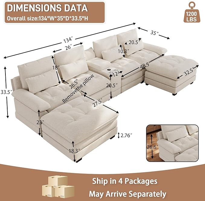 134U Shaped Sectional Couches for Living Room Oversized Modular Sectional Fluffy Couch with 2 Ottoman &amp Storage ConsoleModern 6 Seat Living Room Sofa with Glitter FabricTufted Buttons Beige