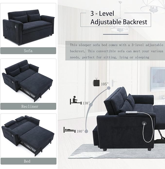 55 Convertible Futon Sofa Bed Velvet 3 in 1 Sleeper Sofa Pull Out Couch with USB Ports &amp 2 Waist Pillows Adjustable Backrest Loveseat Sofa Couches for Living Room Apartment Bedroom Black