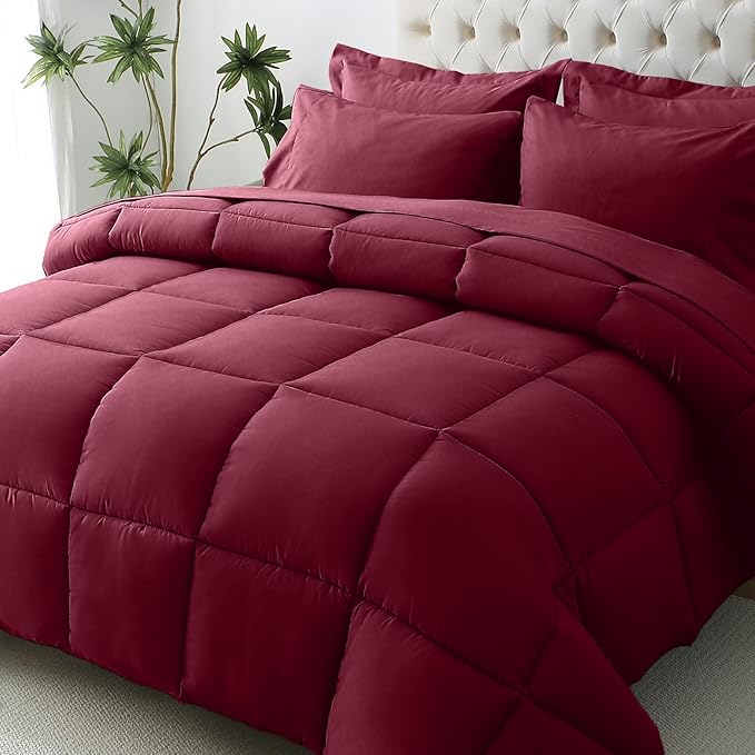 JOLLYVOGUE California King Comforter Set Ultra-Soft Bed in a Bag Cal King Size 7 Pieces Oeko-TEX Certified Bedding Set with Down Alternative Comforter Sheets Pillowcases &amp Shams Burgundy