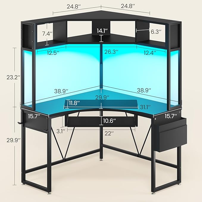 SEDETA Corner Desk Small Computer Desk with Hutch &amp LED Lights Triangle Corner Gaming Computer Desk with Keyboard Tray Storage Bag and Headphone Hook for Small Space Home Office Desk Black