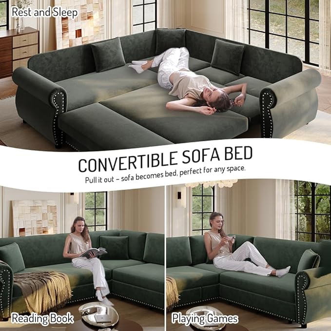 88.2'' Pull Out Couch Convertible Sleeper Sofa Bed Upholstered Sectional Sofa Chenille L-Shaped Couch with Nailhead Trim 4-Seater Modern Sectional Couches for Living Room ApartmentGreen