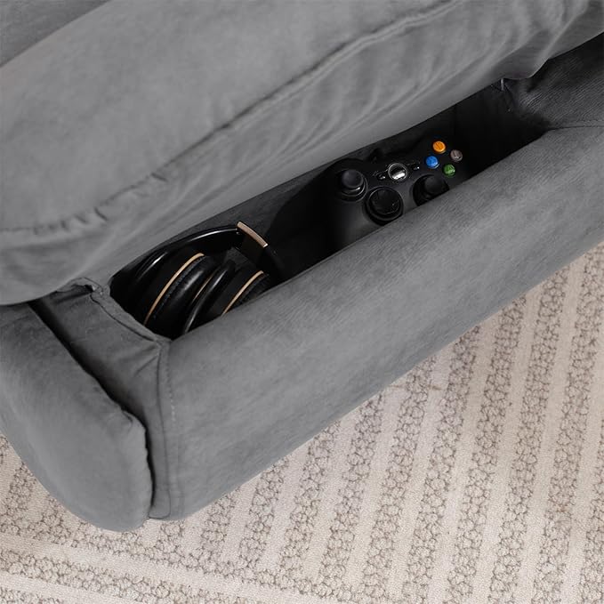 Power Recliner Sofa Chair 270 Degree Swivel Leisure Single Sofa with Button Control Wireless Speaker USB Ports Hidden Arm Storage Phone Holder for Living Room Grey Fabric (Without LED)