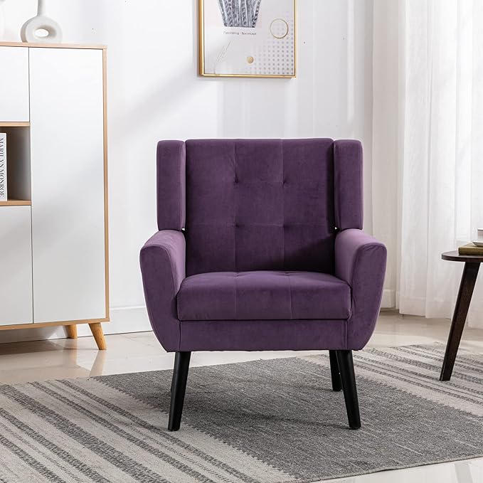 Dolonm Midcentury Modern Velvet Accent Chair with Arms Upholstered Reading Side Chair Tufted Back Decorative Wingback Chair for Living Room Bedroom (Lavender Purple)