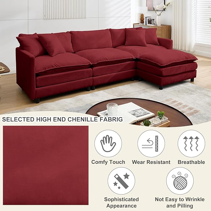 108 Cloud Sectional Couches for Living RoomConvertible L-Shape Couch with Ottoman3 Seater Modular Sectional Sofa with Pillows (Red 3 Seater + 1 Ottoman)