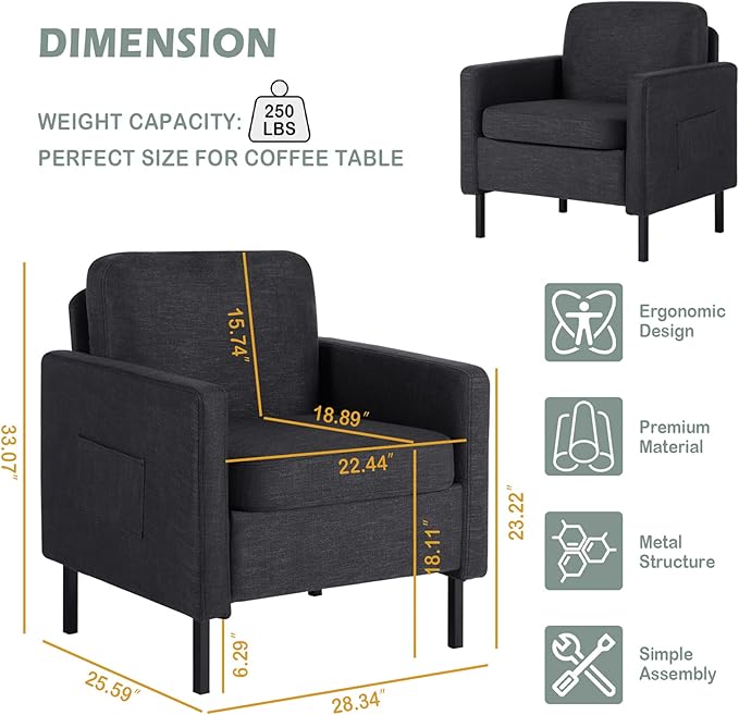 STHOUYN Fabric Comfy Small Accent Chair Set of 2 Living Room Bedroom Chairs Reading Arm Chair for Adults Suitable Small Spaces Office Couch Dark Grey (2 Dark Grey)