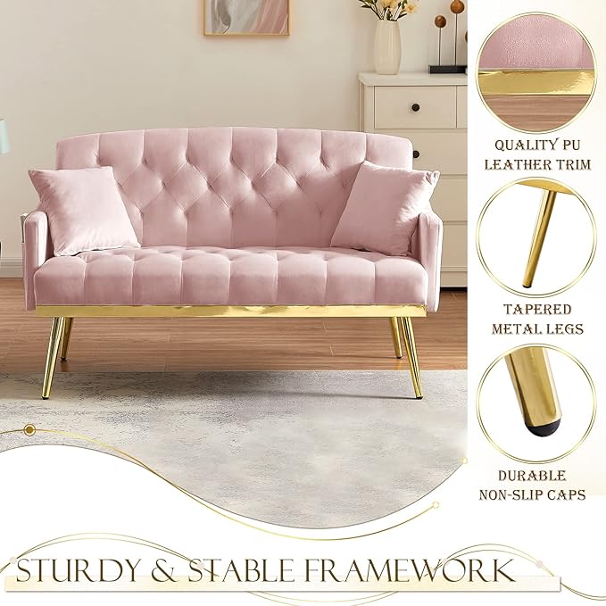Antetek Upholstered Velvet Loveseat Sofa Modern Small Couch with Side Pocket and Golden Metal Legs Tufted Leisure Sofa for Living Room Bedroom Office Pink