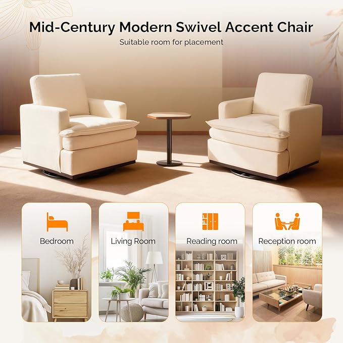 VINGLI Mid-Century Modern Single Swivel Armchair 360° Swivel Accent Chair Double-Layer Seat Cushions Upholstered Square Club Chair for Living Room Bedroom Reading RoomChenille Beige