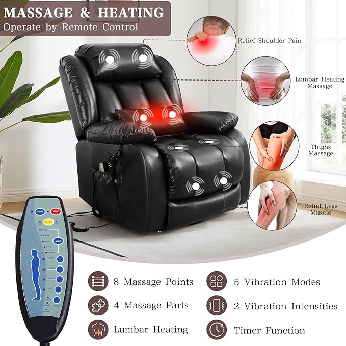 Infinite Position Lay Flat Lift Recliner Chair for Adults Dual Motor Power Lift Chair for Elderly with Massage &amp Heating Extended Footrest USB Ports Remote Control &amp Lumbar Pillow Leather