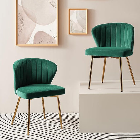 HULALA HOME Dining Chairs Set of 2 Velvet Upholstered Kitchen &amp Dining Room Chairs with Metal Legs Vanity Chair Armless Side Chairs for Living Room Bedroom Makeup Room Channel Curved Backrest Gr
