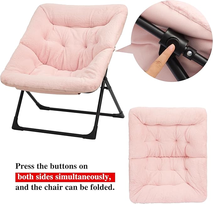 Comfy Saucer Chair for Adults Soft Faux Fur Bedroom Chair Accent Dorm Chairs Flexible Living Room Reading Chairs Oversized Folding Seat for Teens X-Large Light Pink