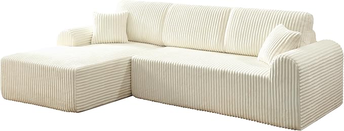 109-Inch L-Shaped Left Facing Boneless Corner Sofa 2 PCS Modular Sectional Cloud Sofa Couch with Chaise Lounge and Toss Pillow Corduroy Boneless L-Shaped Couches