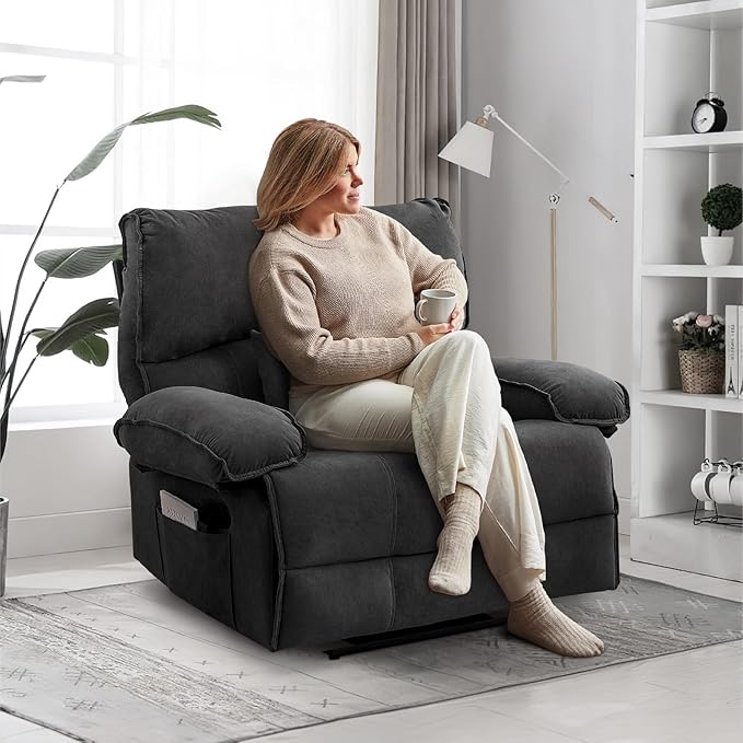 Oversized Recliner Chair for Adult Plus Size 49.21 Extra Wide Seat Manual Fleece Recliner with Pockets Ergonomic Massage Heated for Living Room Bedroom Home Threater Office Lounge (Grey)