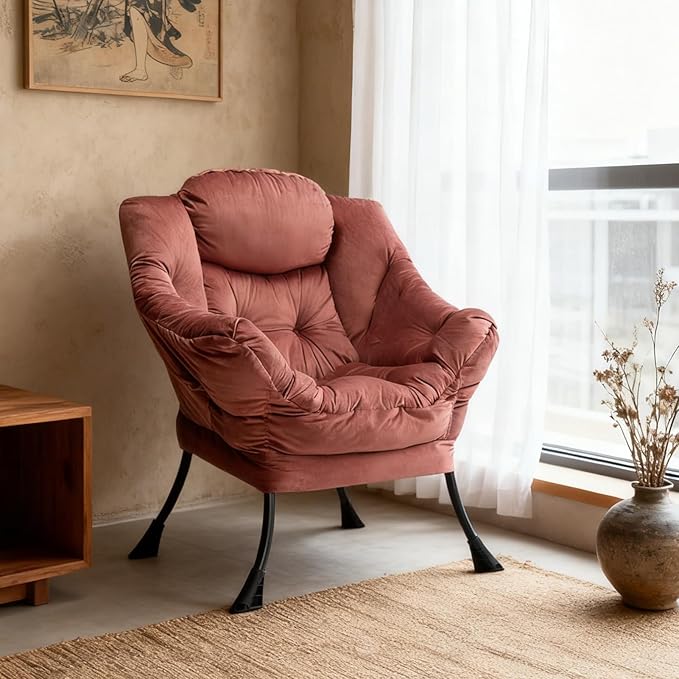 HollyHOME Lazy Chair with Armrest and Side Pocket Comfy Accent Lounge ChairLeisure Sofa Armchair for Living Room Bedroom Dorm or Small Spaces Oversized Reading Sofa ChairVelvet Dusty Rose