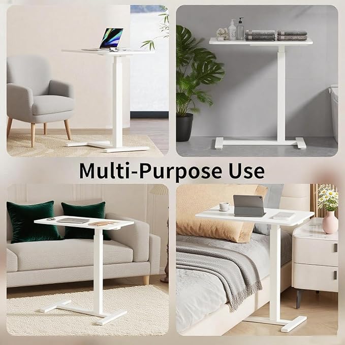 Mobile Small Standing Desk with Hidden Wheels Portable Rolling Laptop Desk Rolling Computer Cart Movable Adjustable Height Computer Workstations for Home Office White