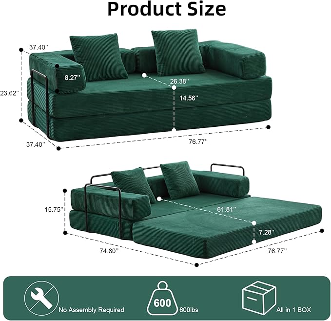 Convertible Floor Sofa Bed Fold Out Floor Couch with Pillow Back &amp Armrest Compressed Couch with Fixed-Shape Frame Corduroy Foldable Sleeper Sofa Bed for Living Room Bedroom Dark Green