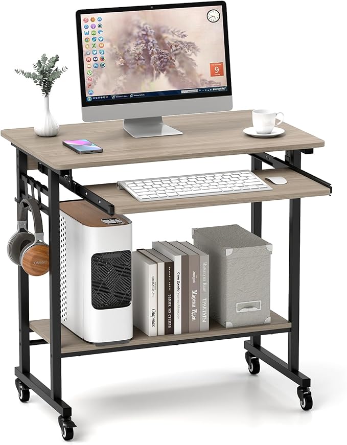 Tangkula Rolling Computer Desk Cart with Keyboard Tray Mobile Portable Laptop PC Desk with CPU Stand &amp 3 Hooks for Sofa &amp Bed Compact Small Desk on Wheels for Small Spaces (Grey)