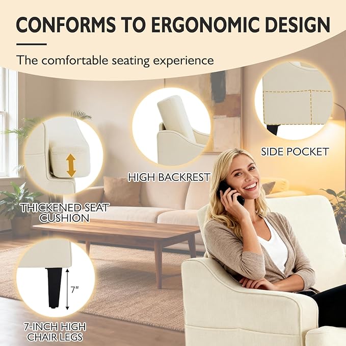 Accent Chair for Living Room Upholstered Living Room Chair with Side Pockets Comfy Accent Chairs for Bedroom Mid Century Modern Armchair for Office Apartment Waiting Room Club (Beige)