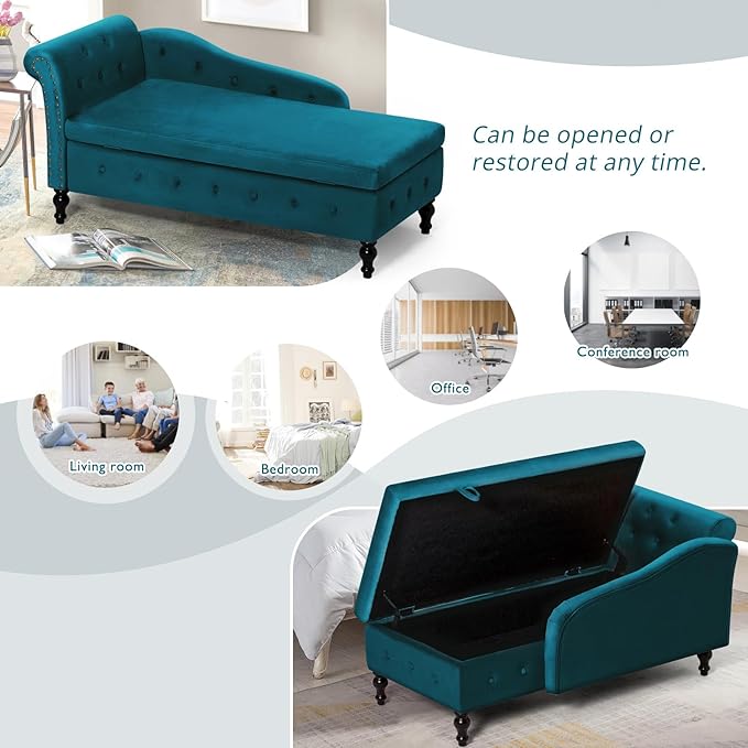 Upholstered Chaise Lounge with Left Armrest &amp Lumbar PillowButton Tufted Lounge Sofa with StorageLounge Chair IndoorModern Velvet Lounge Chair for Bedroom Living Room and OfficeTeal