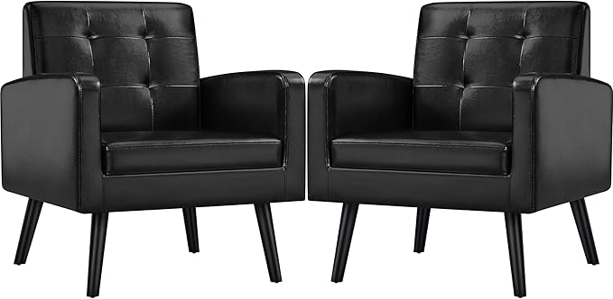 Yaheetech Mid-Century Accent Chairs PU Leather Modern Upholstered Living Room Chair Cozy Armchair Button Tufted Back and Wood Legs for Bedroom/Office/Cafe Black 2PCS