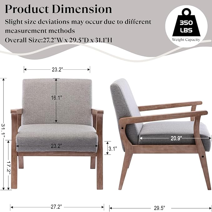Mid Century Modern Accent Chair Set of 2 Linen Upholstered Living Room Accent Armchair with Wood Frame Farmhouse Chair for Living Room Bedroom Gray