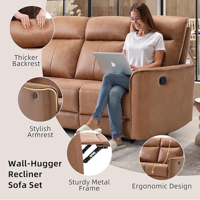 CANMOV Manual Loveseat Recliner Sofa Wall-Hugger 3 Seat Reclining Love Seat Couches Leathaire Reclining Sofa Set 3-Seater Recliner Chair for Living Room Office Apartment Brown