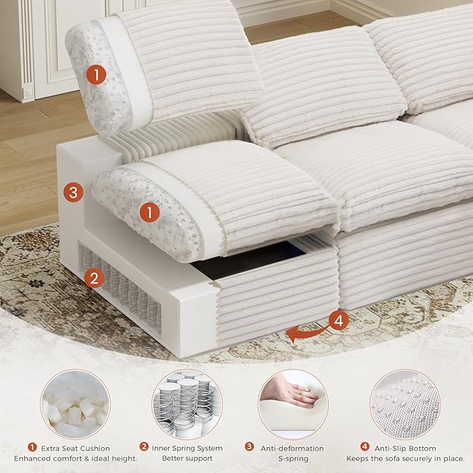 KKL 150 U Shaped Sectional Modular Boneless Sofa 6 Seater Cloud Couch with Ottoman Corduroy Sectional Couches for Living Room Bedroom Beige