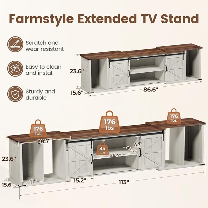 Extendable TV Stand Entertainment Center for 85 95 105 Inch TV Farmhouse TV Stand with Large Capacity Storage and Sliding Doors Media Console for Living Room Length 86-113 White