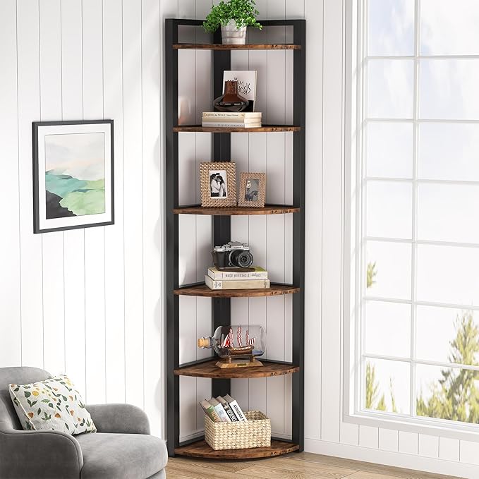 LITTLE TREE 6-Tier Corner Shelf 70.86 Industrial Corner Bookshelf with Metal Frame Narrow Tall Corner Bookcase for Living Room Home Office Kitchen