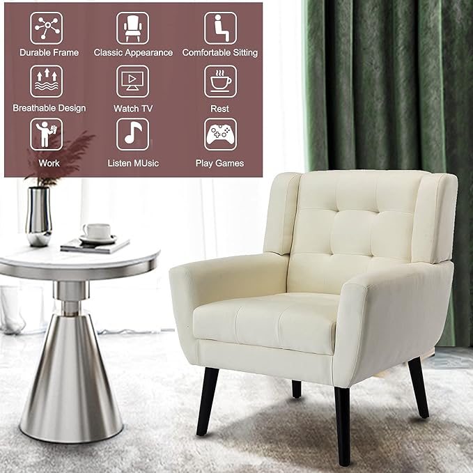 SSLine Linen Accent Arm ChairMid-Century Modern Upholstered Wingback Single Sofa Armchair Club Chair with Solid Wood Legs Thick Cushion for BedroomReadingLiving Room Chair (Beige)