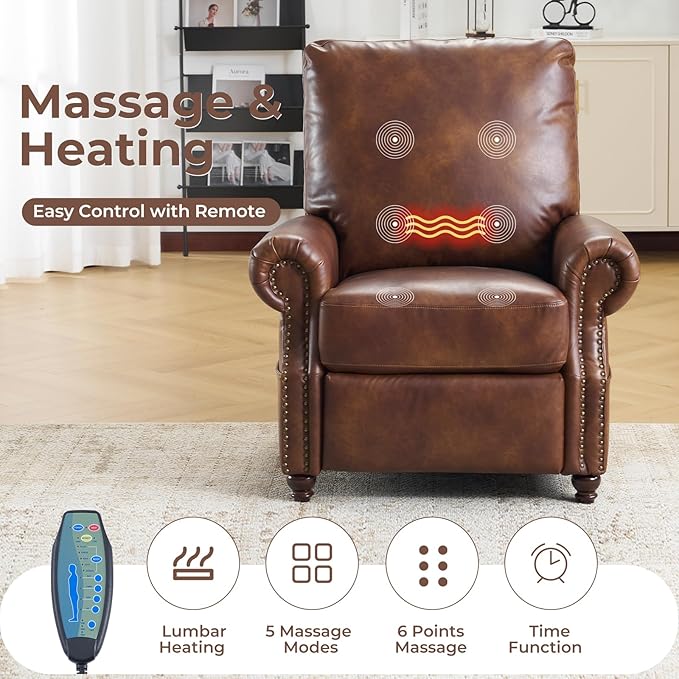 Pushback Recliner Chair with Massage and Heating Breathable Leather Recliner Chair with Overstuffed Backrest and Rivet Decoration Single Sofa Accent Chair for Living Room Light Brown
