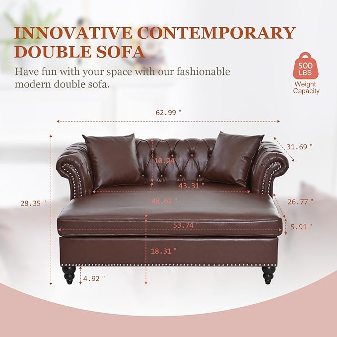 62.99 Chaise Lounge Indoor Comfy Reading Chair with 2 Pillows PU Leather Chesterfield Loveseat Sofa with Tufted Back &amp Rolled Arm Oversized Chaise Lounge Couch Indoor for Living Room Brown