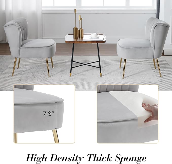 Velvet Accent Chair Set of 2 Comfy Upholstered Side Chair with Gold Metal Legs and Padded Seat Modern Small Corner Armless Living Room Chairs with Wing Back Light Gray