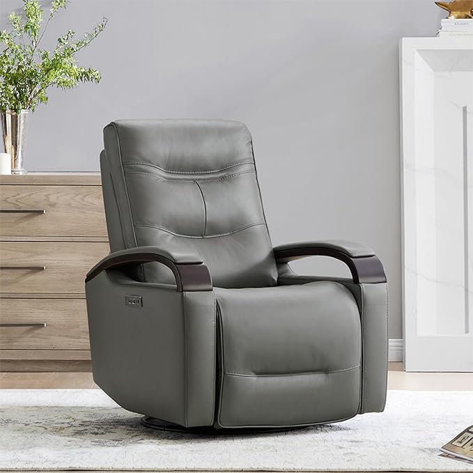 CHITA Genuine Leather Power Swivel Glider Rocker Recliner FSC Certified Mid Century Modern Recliner Chair for Adults Adjustable Power Headrest for Nursery and Living Room Haze