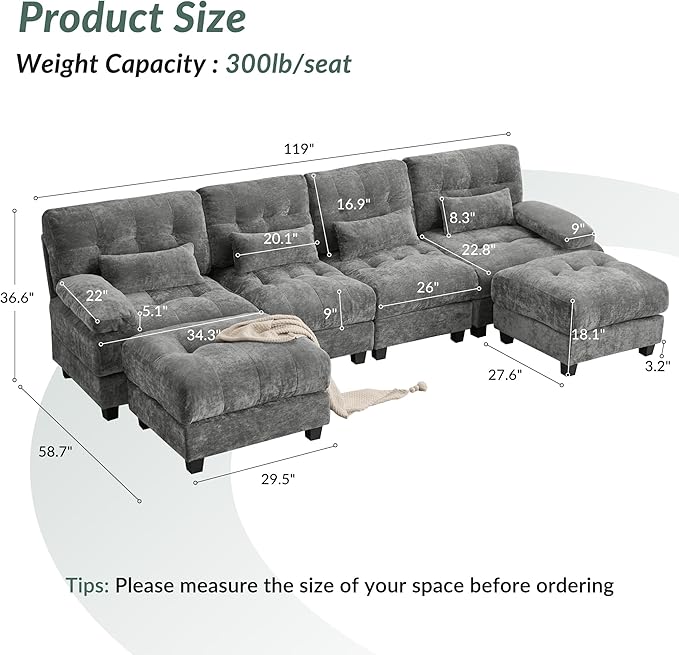 119'' Modular Sectional Cloud Couch with 2 OttomanDeep Seat Sleeper Sofa U Shaped Sectional CouchConvertible Upholstered Comfy Chenille Sectional Sofa for Living RoomBedroom(Grey)