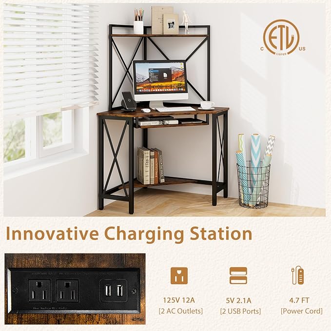 Tangkula Corner Desk with Hutch &amp Charging Station Space-Saving Computer Desk with Shelves &amp Keyboard Tray Triangle Home Office Desk with Metal Frame Corner Desk for Small Space