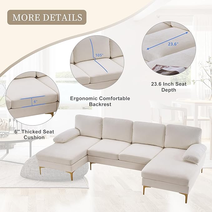 VERYKE Modern U Shape Sectional Sofa Couch 110'' Linen Fabric Sectional Couch Sofa Upholstered Sofa Bed with Metal Legs for Living Room Home Office