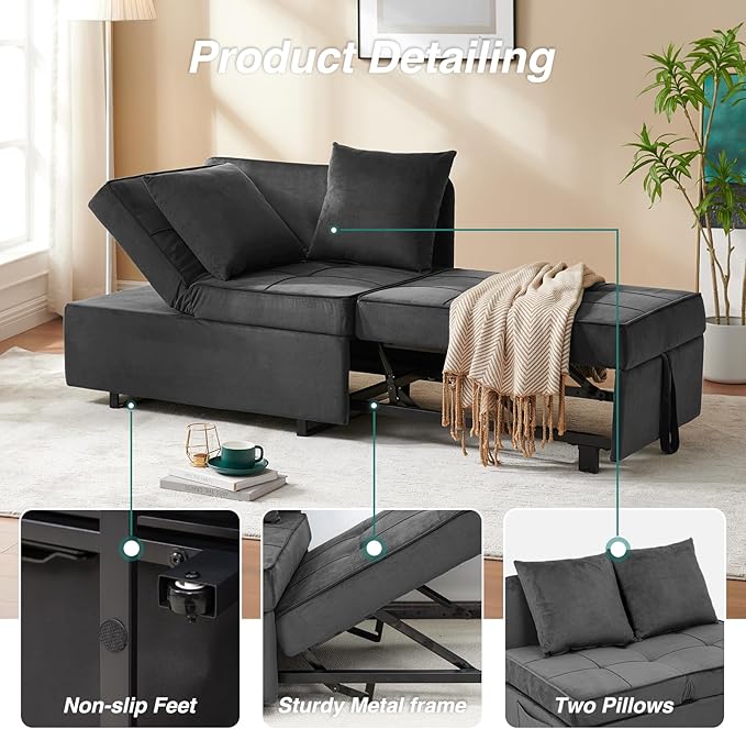 Sleeper Sofa Bed Convertible 4-in-1 Pull Out Couch with 5 Adjustable Backrest Modern Velvet Sofa with USB Ports &amp Storage Pocket (Includes Pillow) for Living Room BedroomApartment Dark Grey