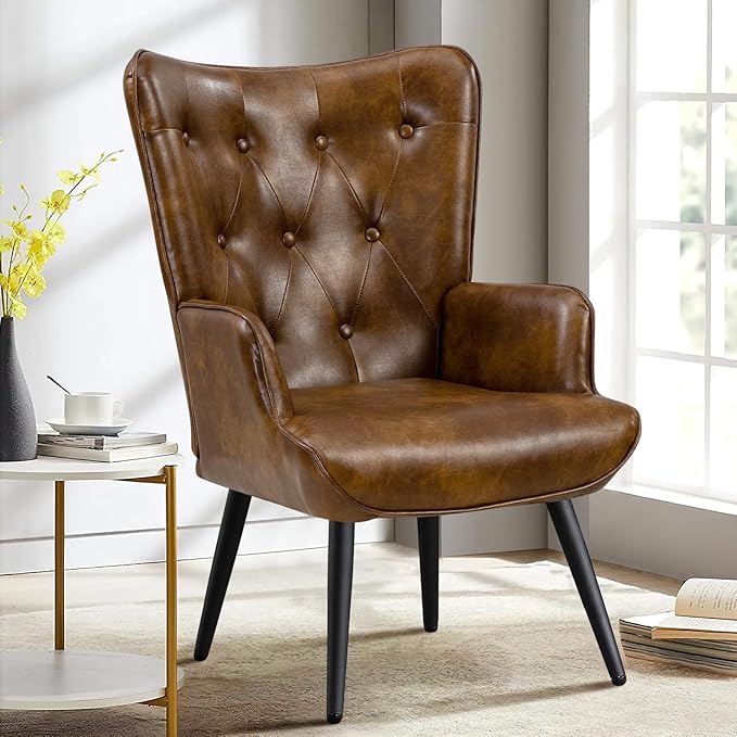 Furniliving PU Leather Accent Chair for Living Room Upholstered Reading Chair with High Backrest Tufted-Button Wingback Armchair for Bedroom Dressing Room Home Office Brown